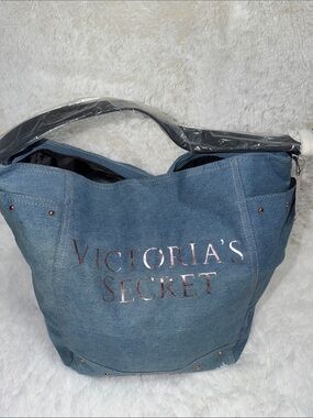 Victoria's Secret Denim Blue Tote with Rose Gold Logo